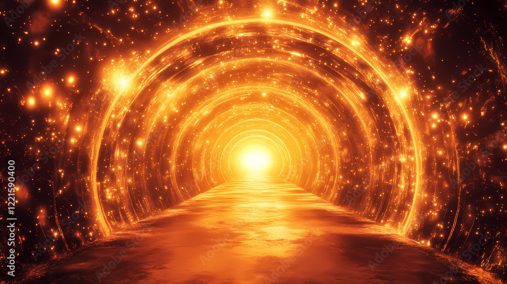 Wall mural mysterious wonder: a futuristic tunnel with luminous arches and a brilliant light at the end. lumino