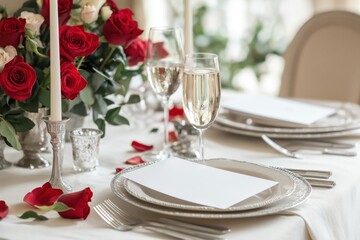 Fototapeta premium Romantic table setting with roses and champagne .