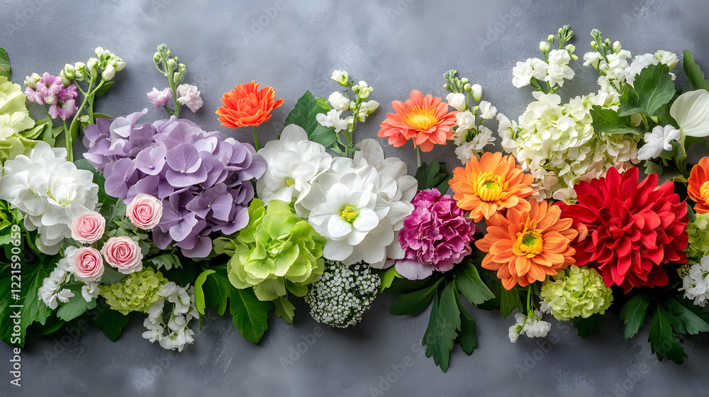Aufkleber row of colorful flowers on a gray background creating a vibrant natural display for artistic purpose