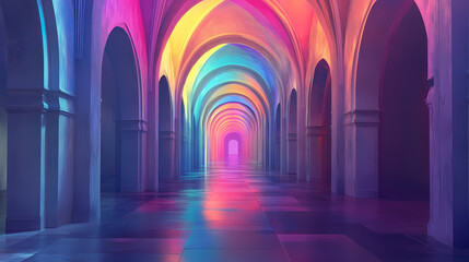 Stunning and visually captivating image of a long symmetrical corridor filled with a breathtaking array of rainbow colored lighting and arched architecture. Luminous Arch. Illustration