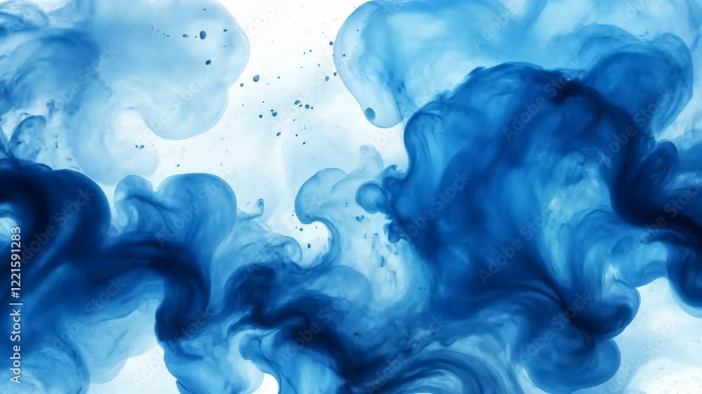 Poster swirling blue ink clouds create an abstract pattern against a white background in this artistic disp