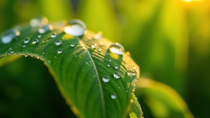 Obraz premium Macro photography of dew drops on green leaf in sunlight 