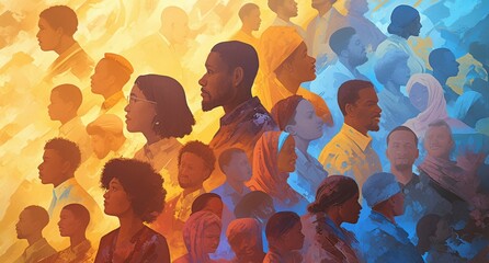painting depicting diverse people of different skin tones standing together in unity, with a gradient background of red, blue, and yellow, symbolizing Black History Month and shared experiences across