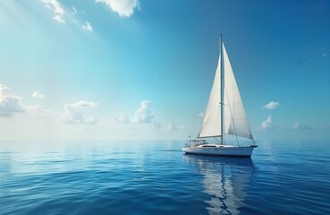 Fototapeta premium Luxury sailboat sails on calm ocean. Sunny day with fluffy clouds. Tranquil waters reflect blue sky. Peaceful scene ideal for travel, vacation, or leisure. Beautiful landscape.