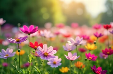 Fototapeta premium Colorful cosmos flowers bloom in garden. Vibrant colors create beautiful spring summer scene. Field of flowers fills panorama. Nature beauty shines through. Flowers bloom in meadow. Flowers stunning