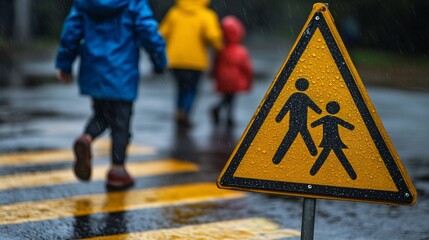 Rainy Day Crossing: Children's Safety on a Wet Street