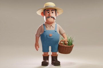 A cheerful cartoon farmer, wearing overalls and a straw hat, holds a basket of freshly harvested greens.