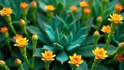 Green succulent leaves with yellow and orange flowers on long stems, flowers, cacti