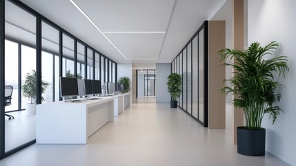 Obraz premium Modern Bright Office Space Interior Design with Glass Walls and Green Plants for Creative Work Environment