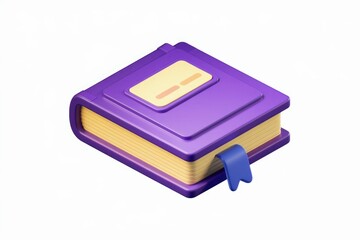 A 3D rendering of a purple book with yellow pages and a blue bookmark.