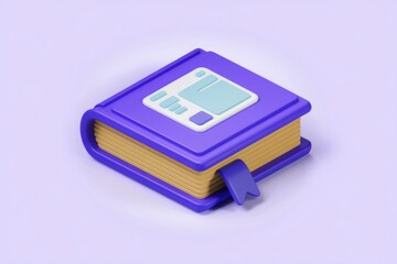 A 3D isometric illustration of a purple book with a digital interface on its cover, suggesting online learning or digital book.