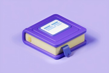 A 3D rendered isometric illustration of a purple book with a small text box on the cover.