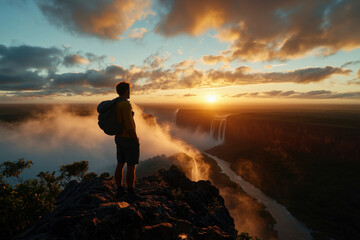 Obraz premium Spectacular Sunset View over a Majestic Waterfall and River in a Breathtaking Landscape. An Adventurer Contemplates the Stunning Scenery During a Journey of Exploration and Discovery.