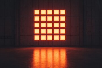 Fototapeta premium A grid of illuminated orange squares reflects on a dark floor, creating a striking contrast in a minimalist space.