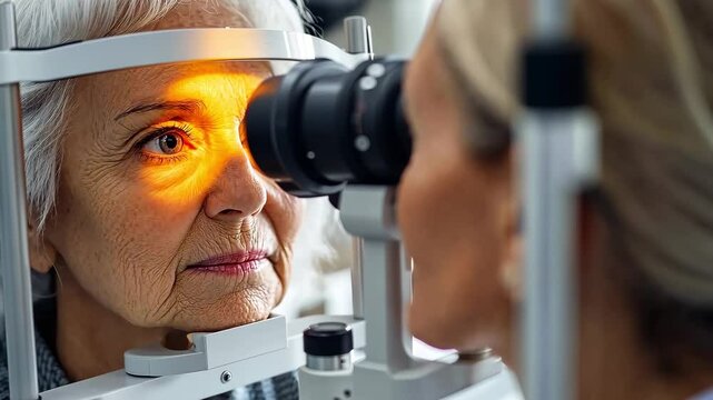 An elderly woman receives a detailed eye examination at a medical clinic. The optometrist uses modern equipment to assess her vision and eye health during the appointment.