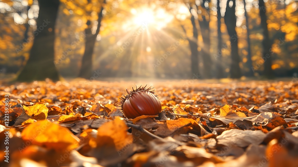 Poster autumn scene featuring a chestnut on a bed of golden leaves with sunlight streaming through trees cr