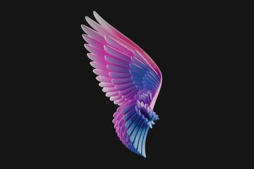 Obraz premium Abstract 3D rendering of a single, stylized wing in vibrant pink and blue hues against a transparent background.