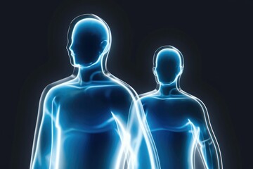 Abstract glowing blue human figures, possibly representing health, technology, or the human form.