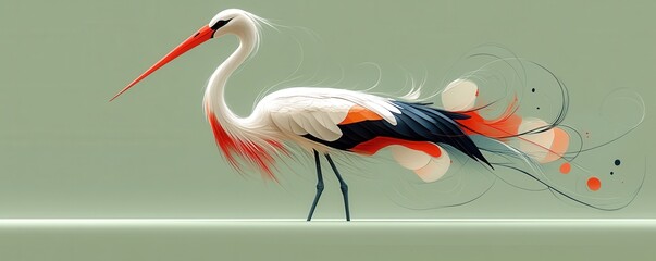 Elegant stork amidst swirling abstract patterns in a colorful illustration