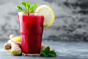 Ruby Red Beet and Ginger Juice with Lemon and Mint Garnish on Concrete Surface, Copy Space