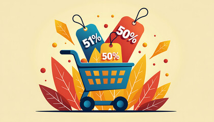 Shopping cart with discount tags against autumn leaves