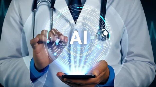 A professional in healthcare examines advanced artificial intelligence technology with smartphone. This showcases the integration of AI in improving patient care and medical efficiencies.