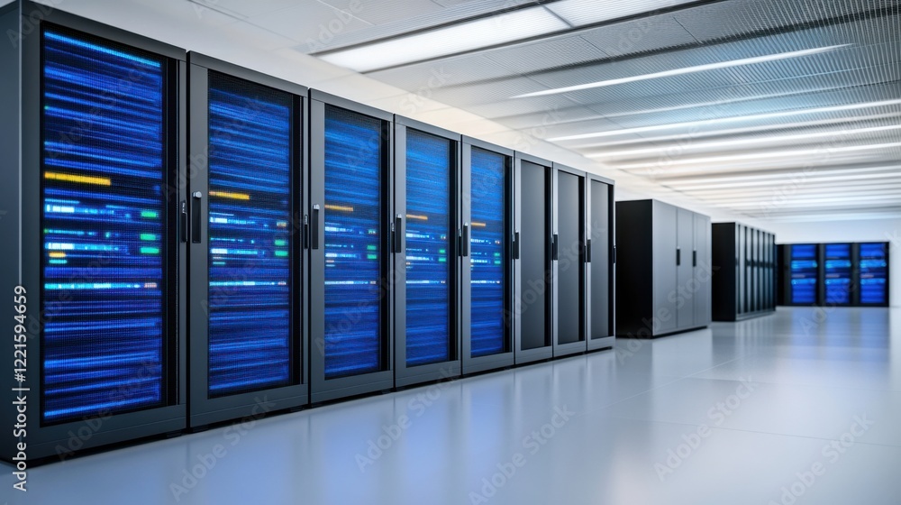 Aufkleber advanced data center infrastructure with high-tech servers and blue led lights in a modern environme