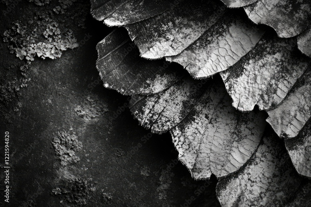 Poster abstract monochrome image showing textured layers resembling weathered scales or bark against a roug