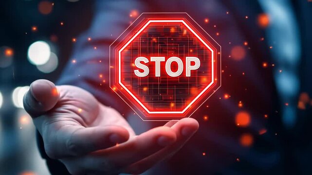 A hand presents a bright stop sign surrounded by glowing particles. The urban backdrop is illuminated, emphasizing the importance of stopping and safety at night.