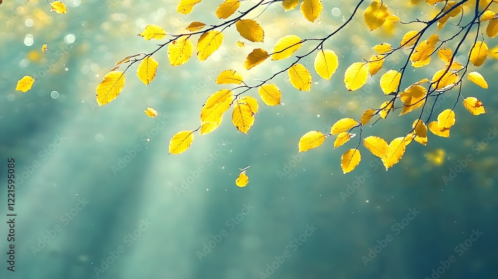 Poster golden autumn leaves reflecting light in tranquil waters creating a peaceful nature scene with soft 