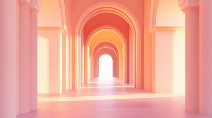 Clean architectural arches in soft peach tones symmetrical design with delicate lighting creating a sophisticated and serene atmosphere. Luminous Arch. Illustration