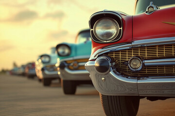 Naklejka premium Classic American Cars: A Vintage Automobile Collection at Sunset - A nostalgic journey through automotive history, showcasing the beauty and elegance of classic cars.