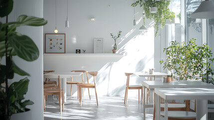 Sunlit minimalist cafe interior with plants and white tables. (1)