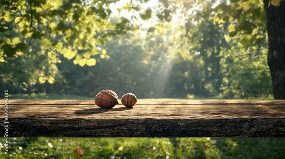 Poster Beautiful Natural Setting with Nuts Resting on a Rustic Wooden Table Surrounded by Lush Greenery and Soft Sunlight Filtering Through Trees