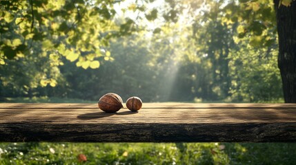 Obraz premium Beautiful Natural Setting with Nuts Resting on a Rustic Wooden Table Surrounded by Lush Greenery and Soft Sunlight Filtering Through Trees