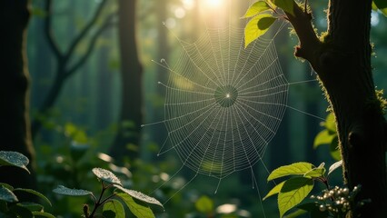Macro photography of spiderweb with dew drops in forest light	
