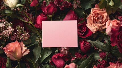 Valentine mockup card abstract design. Pink Note Card Amidst Vibrant Red Rose Floral Arrangement.