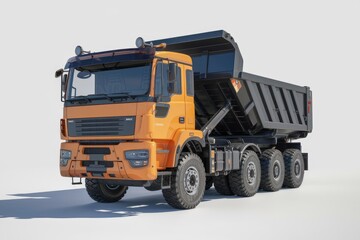 A powerful orange dump truck with a raised bed, ready for heavy-duty hauling and construction work.