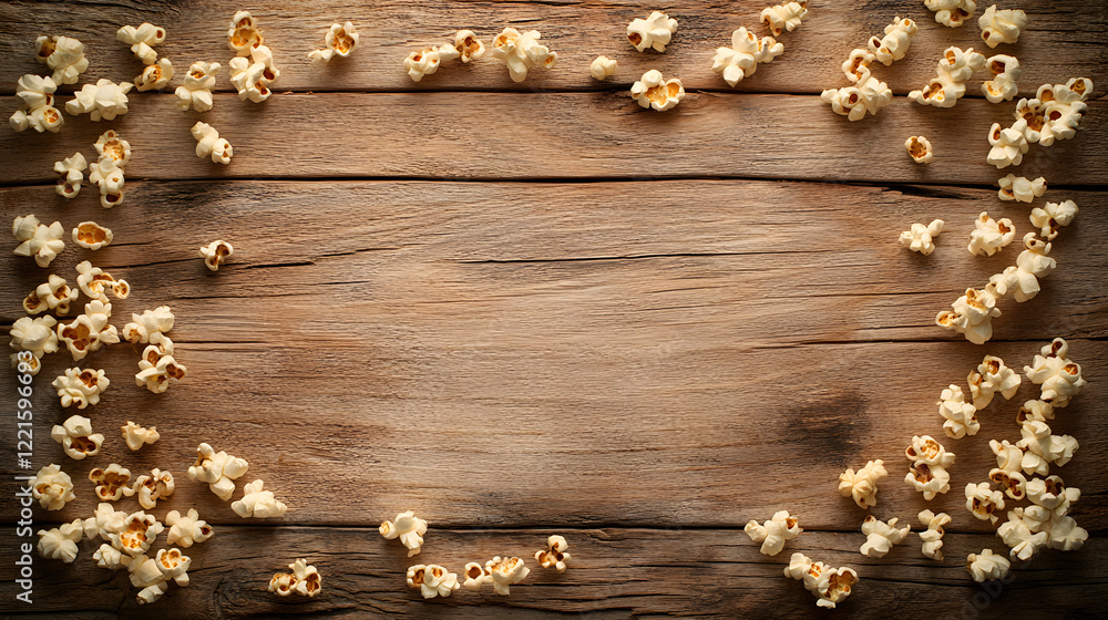 Poster popcorn scattered on a rustic wooden surface with natural texture and grain patterns