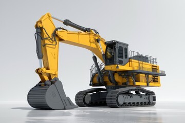 Fototapeta premium Powerful yellow excavator with a large bucket, ready for heavy-duty excavation work.