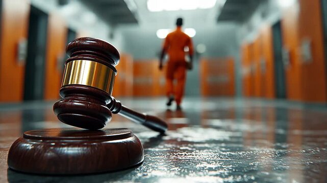 A gavel lies on a reflective floor while an inmate walks through the corridors of a prison. The atmosphere reflects the somber reality of incarceration and legal proceedings.