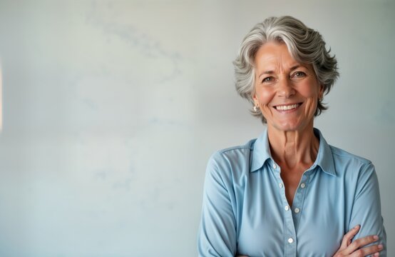 Confident senior European woman smiles at camera. Attractive mature lady with gray hair wears light blue shirt. Portrait shot shows happy older female. Stylish, happy person. Positive, mature adult