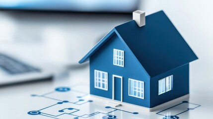 Blue Model House on Digital Interface for Real Estate, Technology, and Home Concept