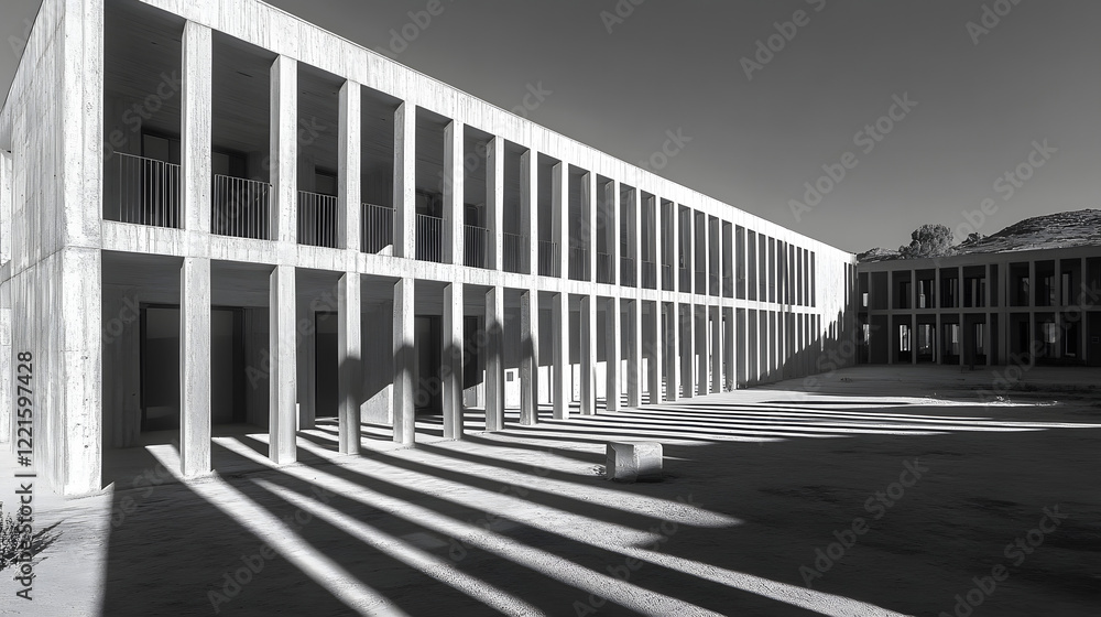 Poster black and white photograph of a modern architectural building with geometric design and sharp lines