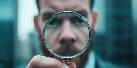 Man businessman in suit in magnifying glass of magnifying glass frame loupe. Creative concept of hr, employee search, job for job seeker, staff selection