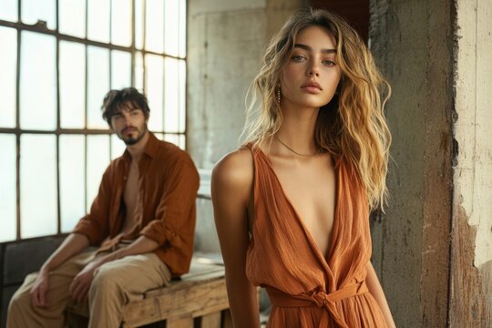 A woman in an orange dress stands confidently, a man in a similar-toned shirt sits blurred in the background.