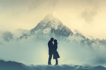 Silhouette of a couple embracing amidst a breathtaking snowy mountain range.