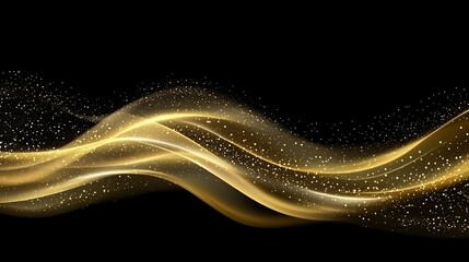 Abstract gold wave with sparkles on black.