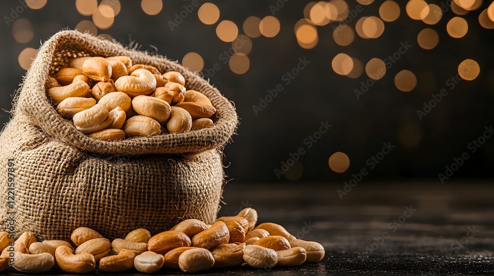 Poster cashew nuts in burlap sack with blurred background of bokeh lights