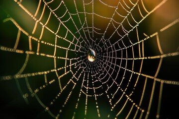 Obraz premium A glistening spiderweb adorned with dewdrops, capturing the morning light.